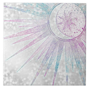 Elegant Iridescent Sun Moon Mandala Silver Design Tile