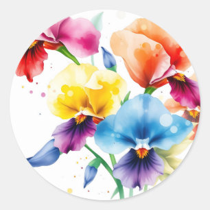 Elegant Iris Blooms with Watercolor Splatter Classic Round Sticker