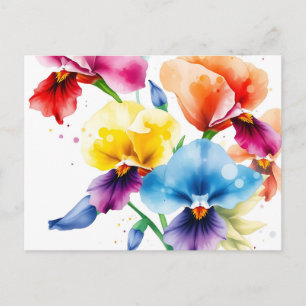 Elegant Iris Blooms with Watercolor Splatter  Postcard
