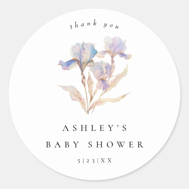 Elegant Iris Floral Baby Shower Classic Round Sticker (Front)