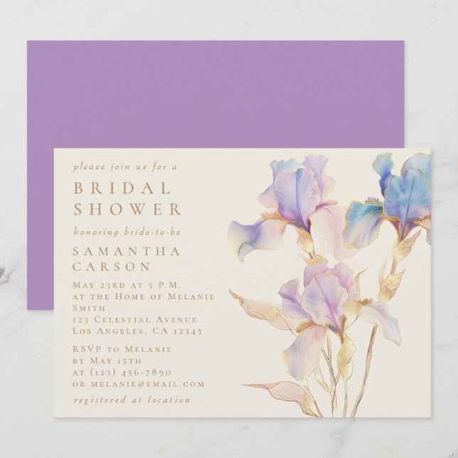Elegant Iris Floral Bridal Shower Invitation (Front/Back)