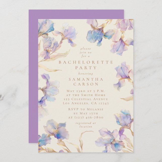 Elegant Iris Floral Watercolor Bachelorette Party Invitation (Front/Back)