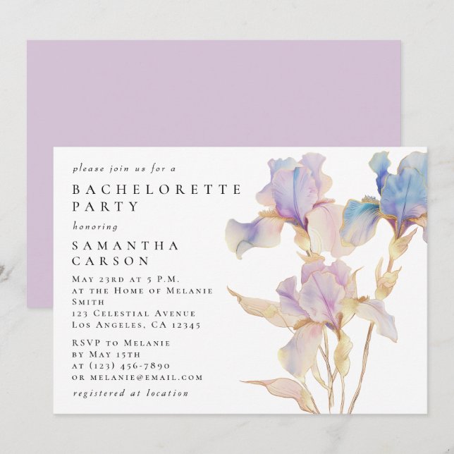 Elegant Iris Floral Watercolor Bachelorette Party Invitation (Front/Back)