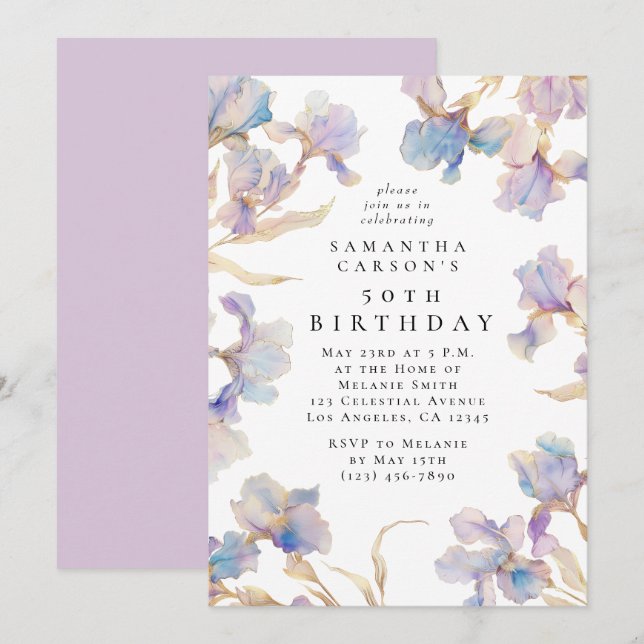 Elegant Iris Floral Watercolor Birthday Party Invitation (Front/Back)