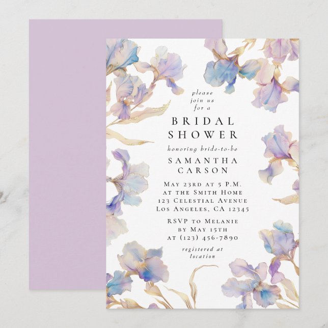 Elegant Iris Floral Watercolor Bridal Shower Invitation (Front/Back)