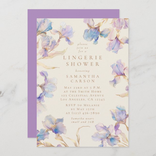 Elegant Iris Floral Watercolor Lingerie Shower Invitation (Front/Back)