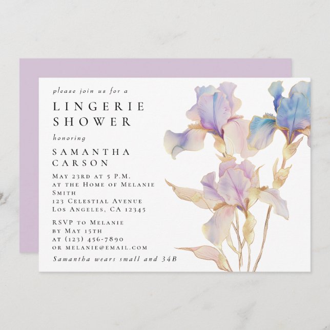 Elegant Iris Floral Watercolor Lingerie Shower Invitation (Front/Back)