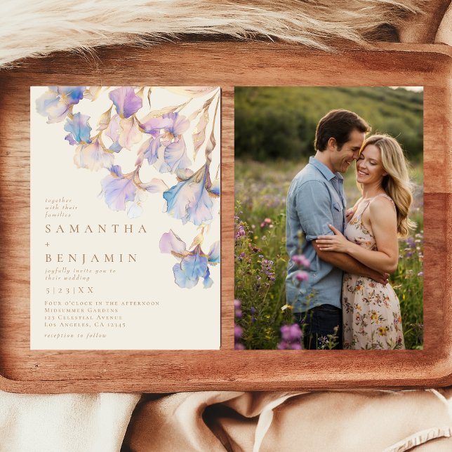 Elegant Iris Floral Watercolor Photo Wedding Invitation (Creator Uploaded)