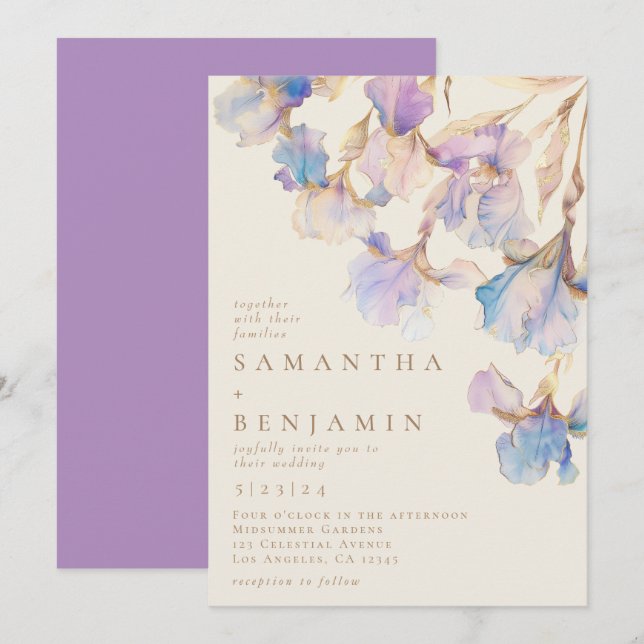 Elegant Iris Floral Watercolor Wedding Invitation (Front/Back)