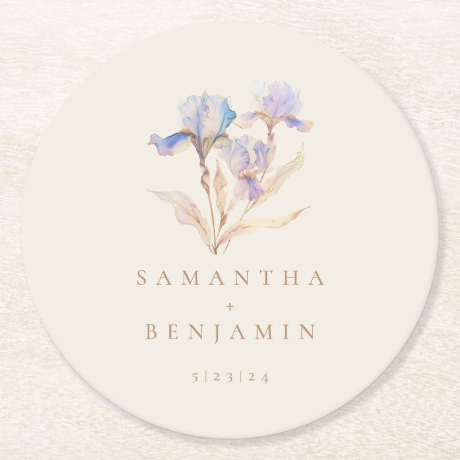 Elegant Iris Floral Watercolor Wedding Round Paper Coaster (Front)