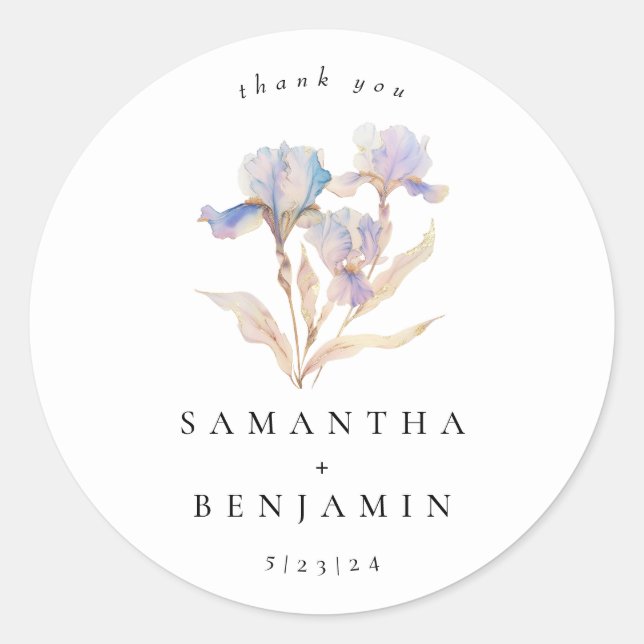 Elegant Iris Floral Wedding Classic Round Sticker (Front)