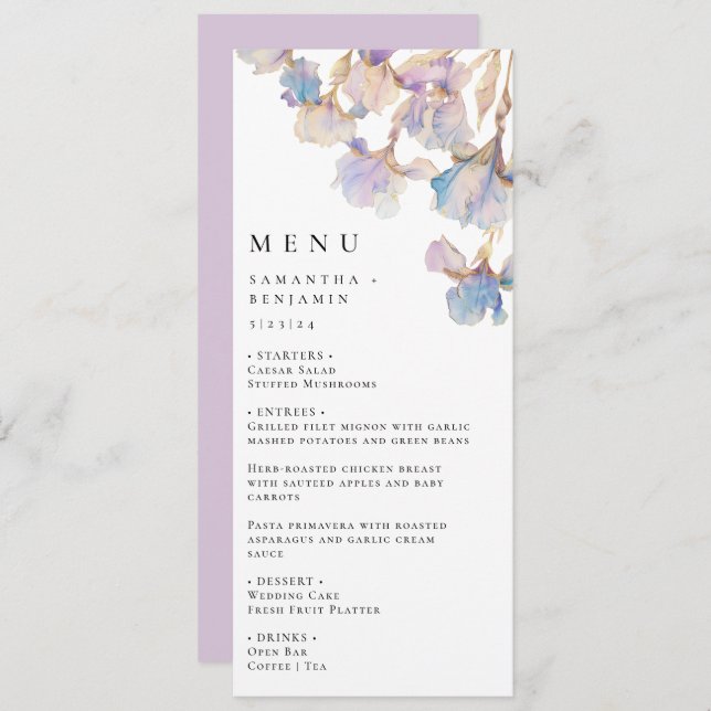 Elegant Iris Floral Wedding Menu (Front/Back)