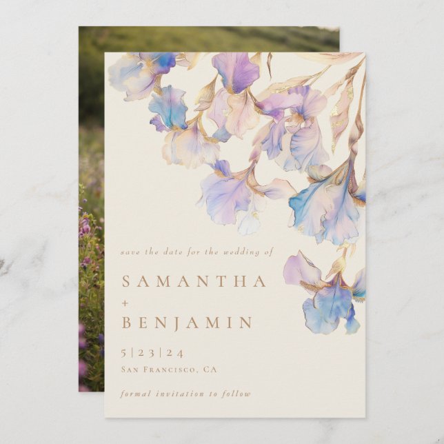 Elegant Iris Floral Wedding Photo Save The Date (Front/Back)