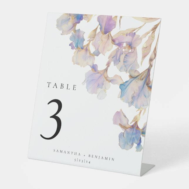 Elegant Iris Floral Wedding Table Number Pedestal Sign (Front)