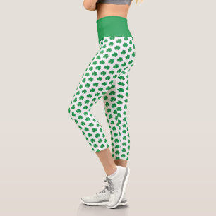 Elegant Irish Shamrock Clover Pattern Green White Capri Leggings