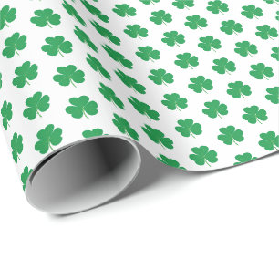 Elegant Irish Shamrock Clover Pattern Green White Wrapping Paper