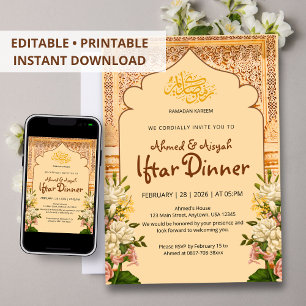 Elegant Islamic Arch Floral Iftar invitation