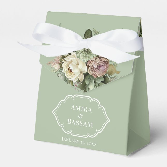 Elegant Islamic Green and White Floral Wedding Favour Box (Front Side)
