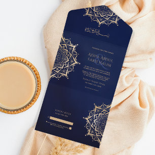 Elegant Islamic Ornate Mandala Navy Gold Arabic All In One Invitation