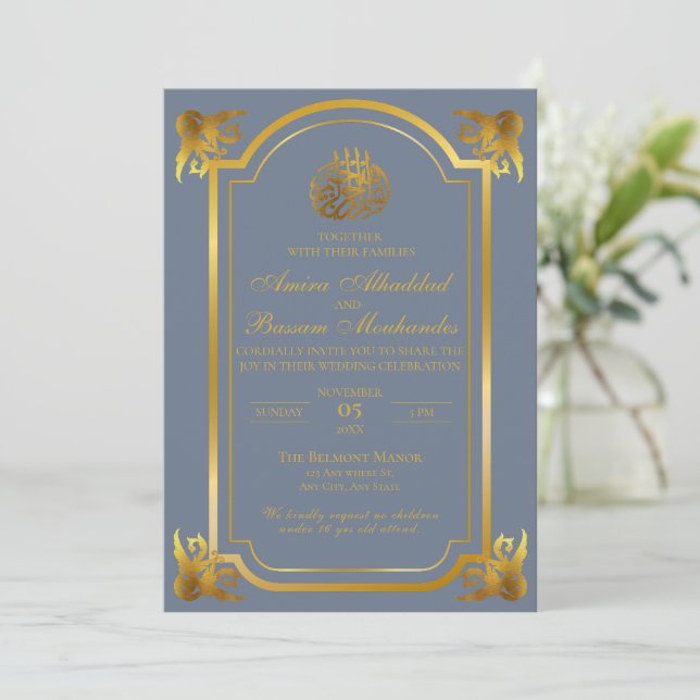 Elegant Islamic Wedding Slate Blue and Gold  Invitation (Standing Front)
