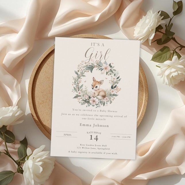 Elegant It’s a Girl Baby Shower Floral Deer Invitation (Creator Uploaded)
