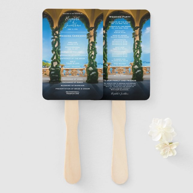 Elegant Italian Arches Lake Como Wedding Hand Fan (Front and Back)