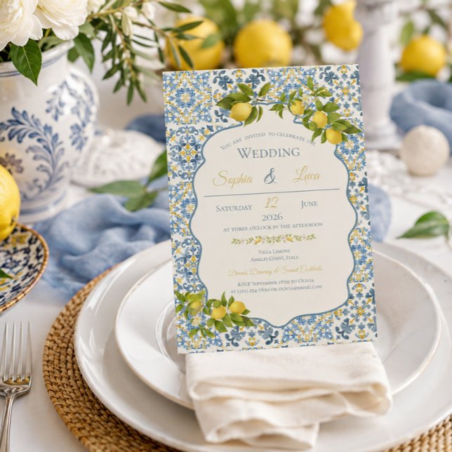 Elegant Italian Blue Tile Lemon Wedding Invitation (Creator Uploaded)