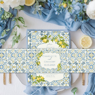 Elegant Italian Blue Tile Lemon Wedding Invitation Belly Band