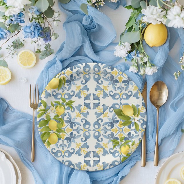 Elegant Italian Blue Tile Lemon Wedding Paper Plate (Creator Uploaded)