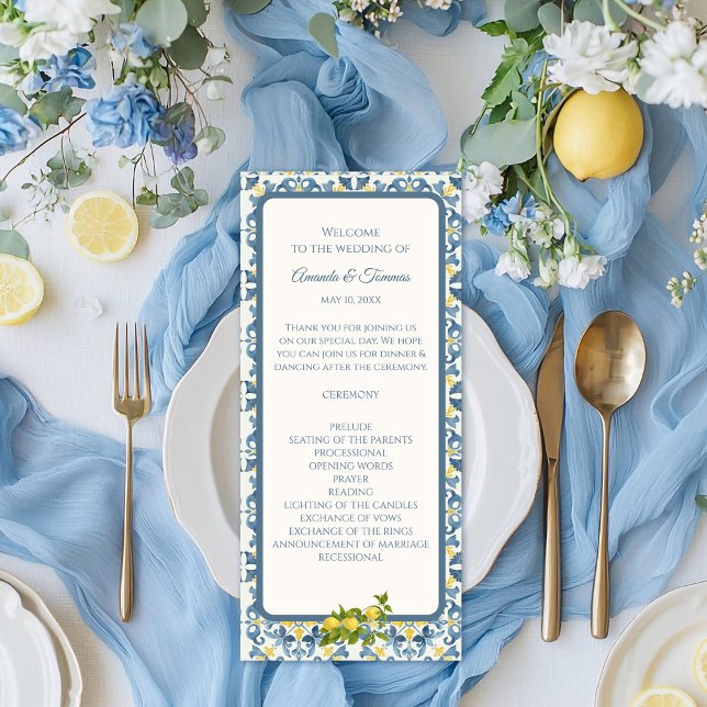 Elegant Italian Blue Tile Lemon Wedding Programme (Creator Uploaded)