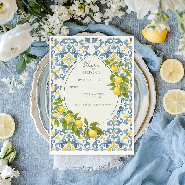 Elegant Italian Blue Tile Lemon Wedding RSVP Card (Creator Uploaded)