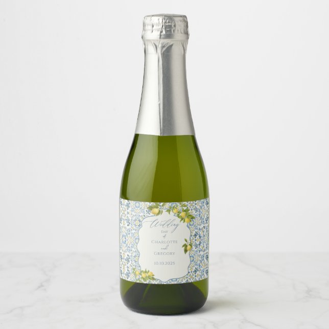 Elegant Italian Blue Tile Lemon Wedding Sparkling Wine Label (Front)
