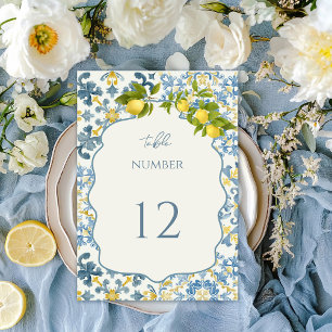 Elegant Italian Blue Tile Lemon Wedding Table Number
