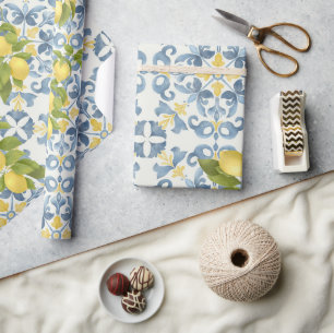 Elegant Italian Blue Tile Lemon Wedding Wrapping Paper