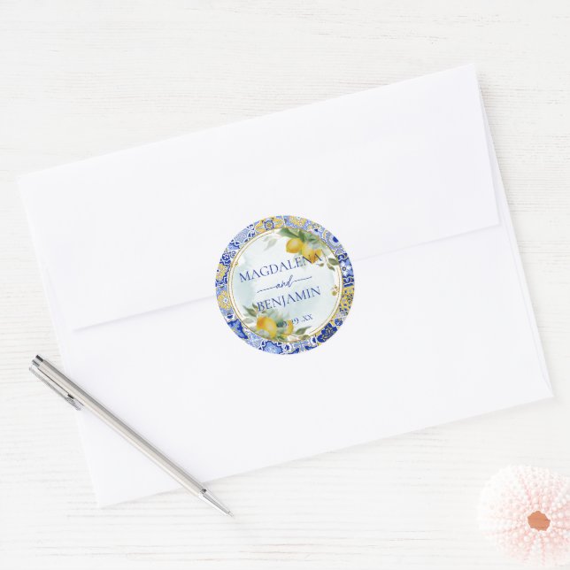 Elegant Italian Blue Tile Lemons Wedding Names Classic Round Sticker (Envelope)