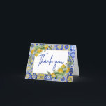 Elegant Italian Blue Tiles Lemon Citrus Script Thank You Card<br><div class="desc">Mediterranean-inspired design with bright blue and yellow Italian Amalfi coast-style tiles with watercolor-painted lemons and faux gold glitter arched frame.</div>