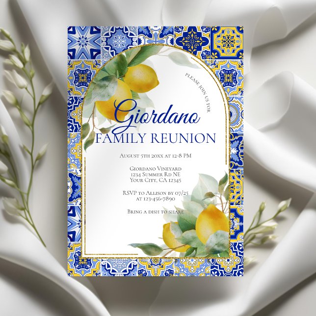 Elegant Italian Blue Tiles Lemons Family Reunion Invitation (Creator Uploaded)