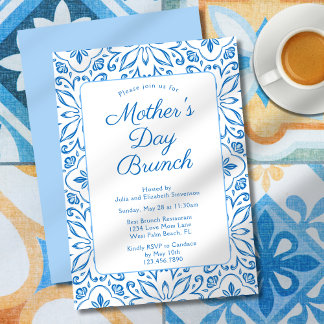 Elegant Italian Blue Tiles Mother's Day Brunch Invitation