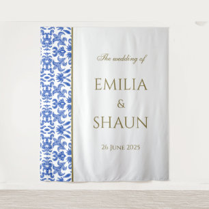 Elegant Italian Blue Wedding Backdrop Tapestry