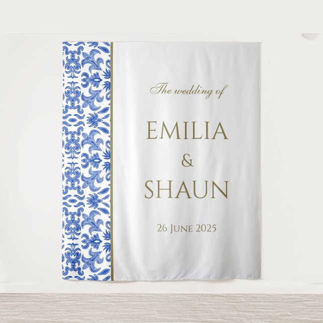 Elegant Italian Blue Wedding Backdrop Tapestry (Front)