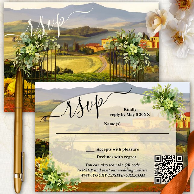 Elegant Italian Country Wedding RSVP Card (Elegant wedding RSVP card featuring a fine art painting of an Italian Tuscan landscape with script)