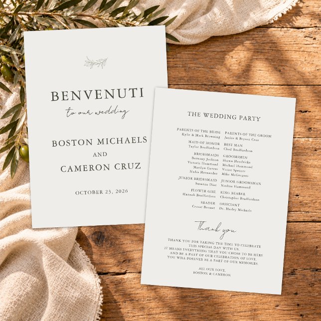 Elegant Italian Destination Wedding Program Programme (Modern elegant Italian destination wedding program with minimalist script typography and classic)