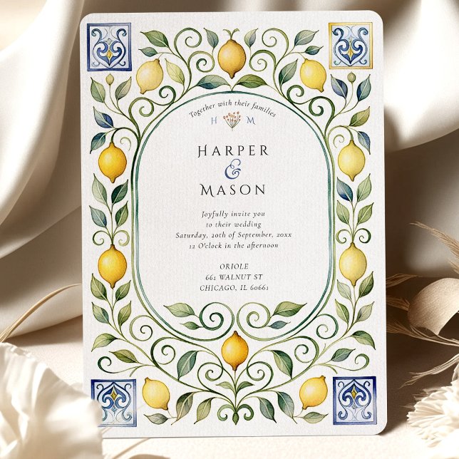 Elegant Italian Lemon & Blue Tile Wedding Invitation (Creator Uploaded)