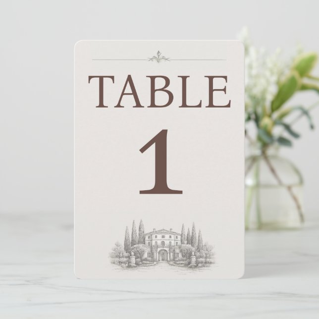 Elegant Italian Villa Wedding Table Number (Standing Front)