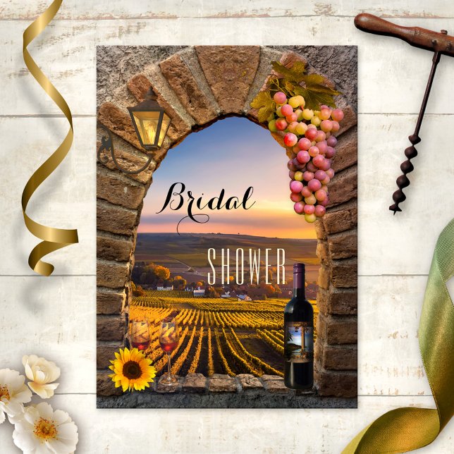 Elegant Italian Vineyard Wine Bridal Shower Invitation (Classic Italian wine lover bridal shower invitation featuring a painting of a sunset on a vineyard)