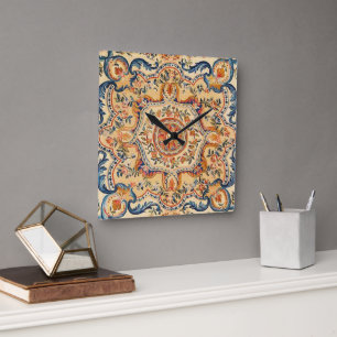 Elegant Italian Vintage Baroque Blue Orange Square Wall Clock