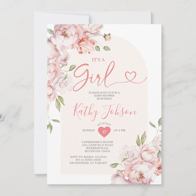 Elegant It's a Girl Pink Flowers Girl Baby Shower Invitation (Front)