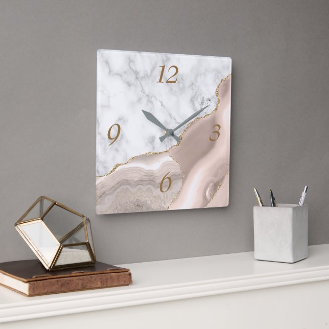 Elegant Ivory Agate Gold Glitter Marble Square Square Wall Clock (Office)