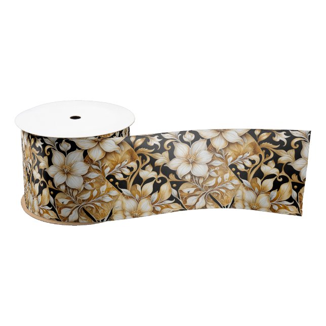 Elegant Ivory and Black Floral  Satin Ribbon (Spool)