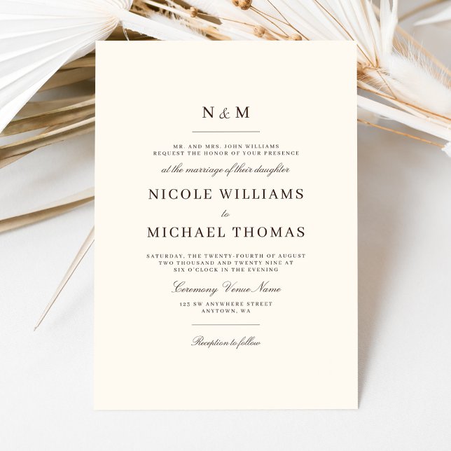 Elegant Ivory and Brown Monogram Classic Wedding Invitation (Creator Uploaded)